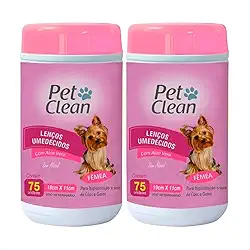 Kit 2 Lenços Umedecidos para Higienização a Seco Pet Clean Toalhas Umedecidas para Cachorro e Gato Fêmea de Todas as Raças 75 Unidades Limpeza Rápida e Prática Elimina Odores e Sujeiras