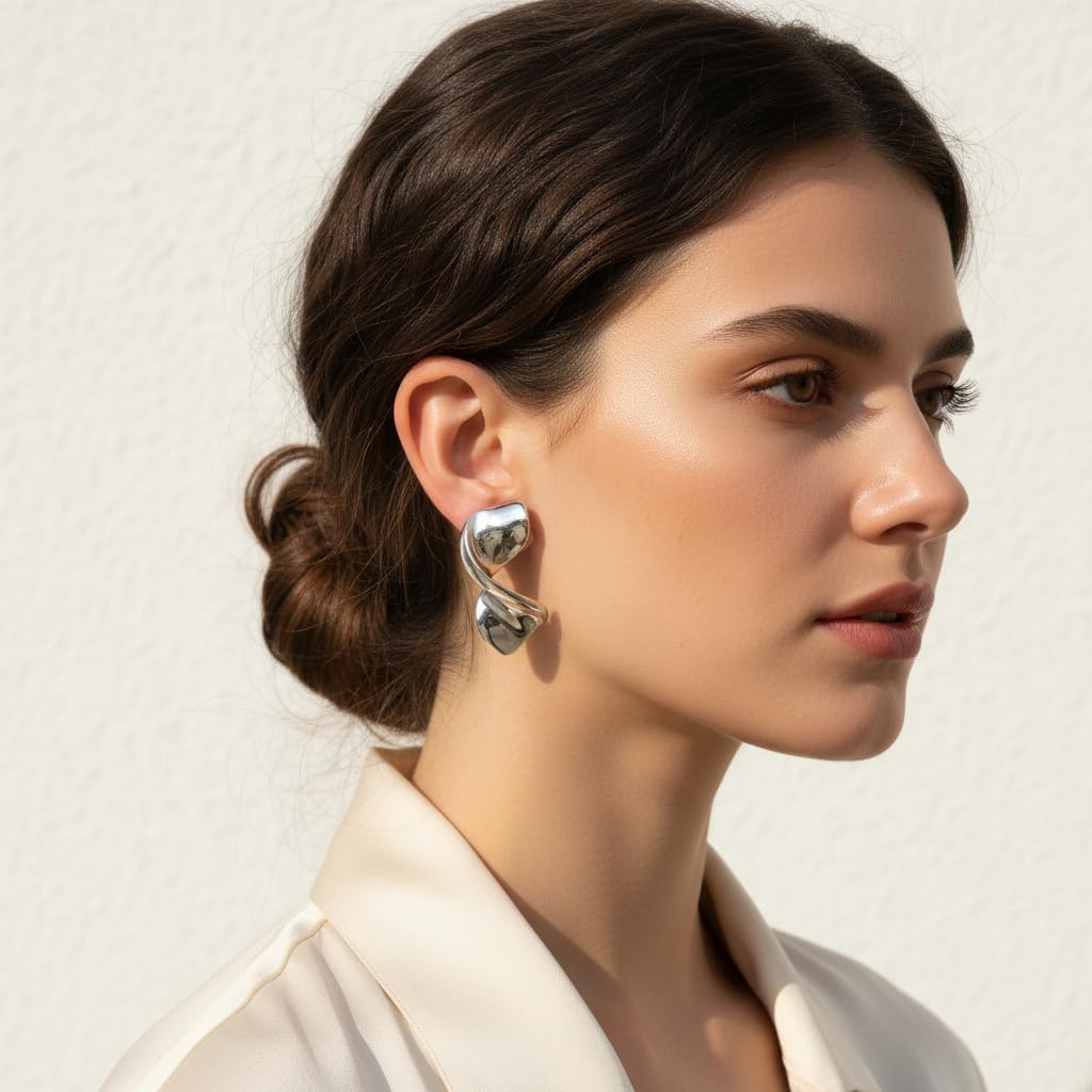 Chunky Gold/Silver Statement Earrings for Women, 14K Gold Plated Big Irregular Geometric Dainty Metal Drop Dangle Earrings Large,Womens Thick Jewelry Gift - Image 3