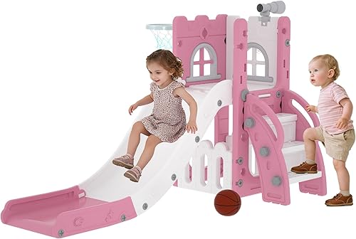 Miniatura 9 de Tobogán para niños pequeños 6 en 1, juego de juegos para niños pequeños para interiores y exteriores, tobogán para bebés con aro de baloncesto,