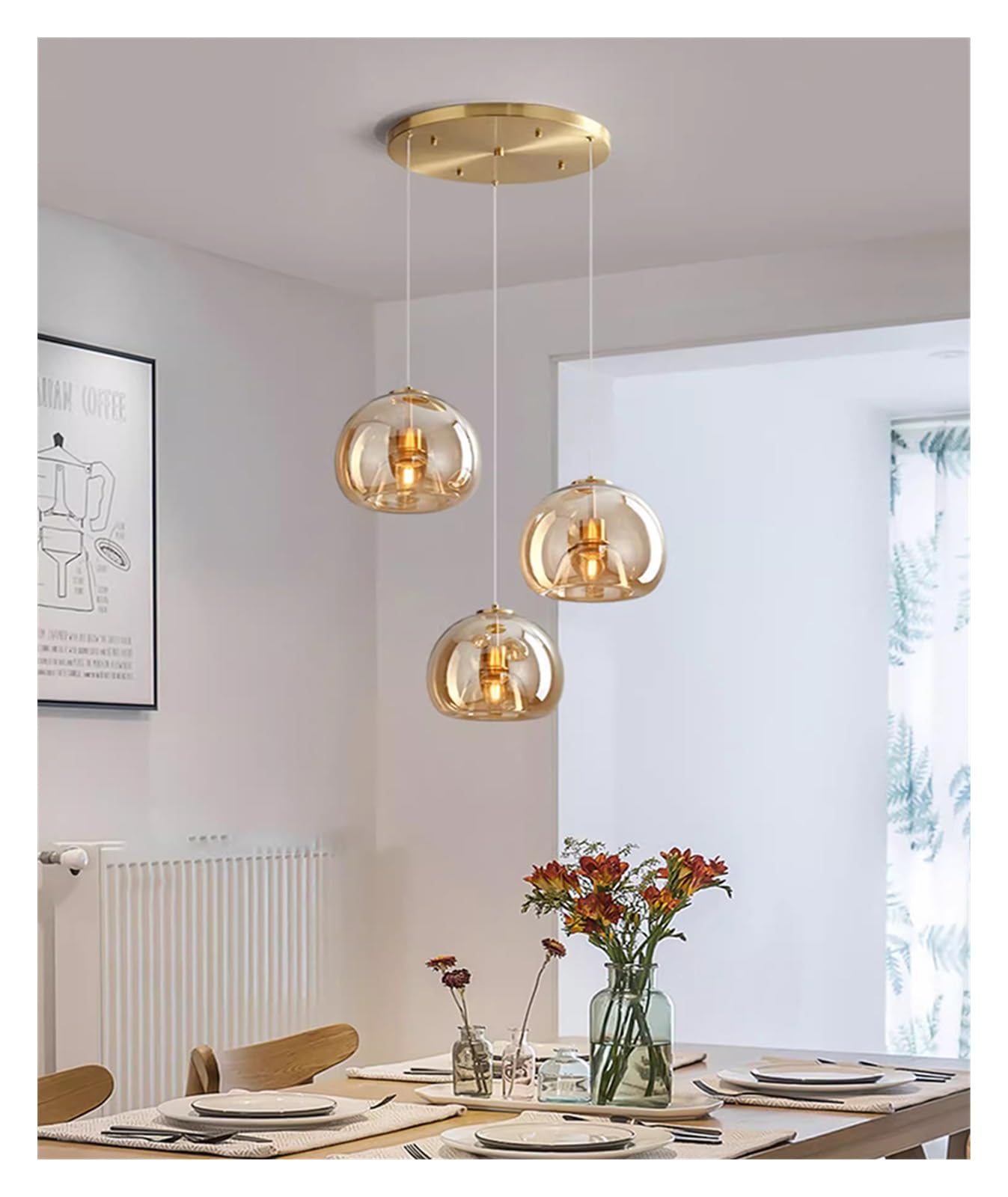Minimalistyczna i regulowana lampa wisząca LED do oświetlenia wnętrza jadalni (bursztyn z 3 głowicami A, możliwość ściemniania)