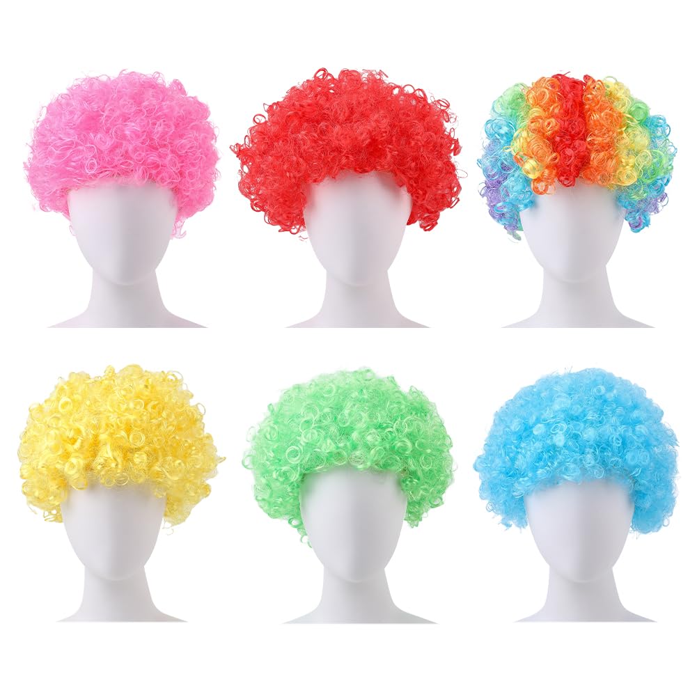 WADORN 6 Colors Neon Clown Curly Wig, Colorful Hair Afro Puff Wigs 70s 80s 90s Disco Theme Cosplay for Adult Men Women Halloween Mardi Gras Dance Party Costume Prank Supplies