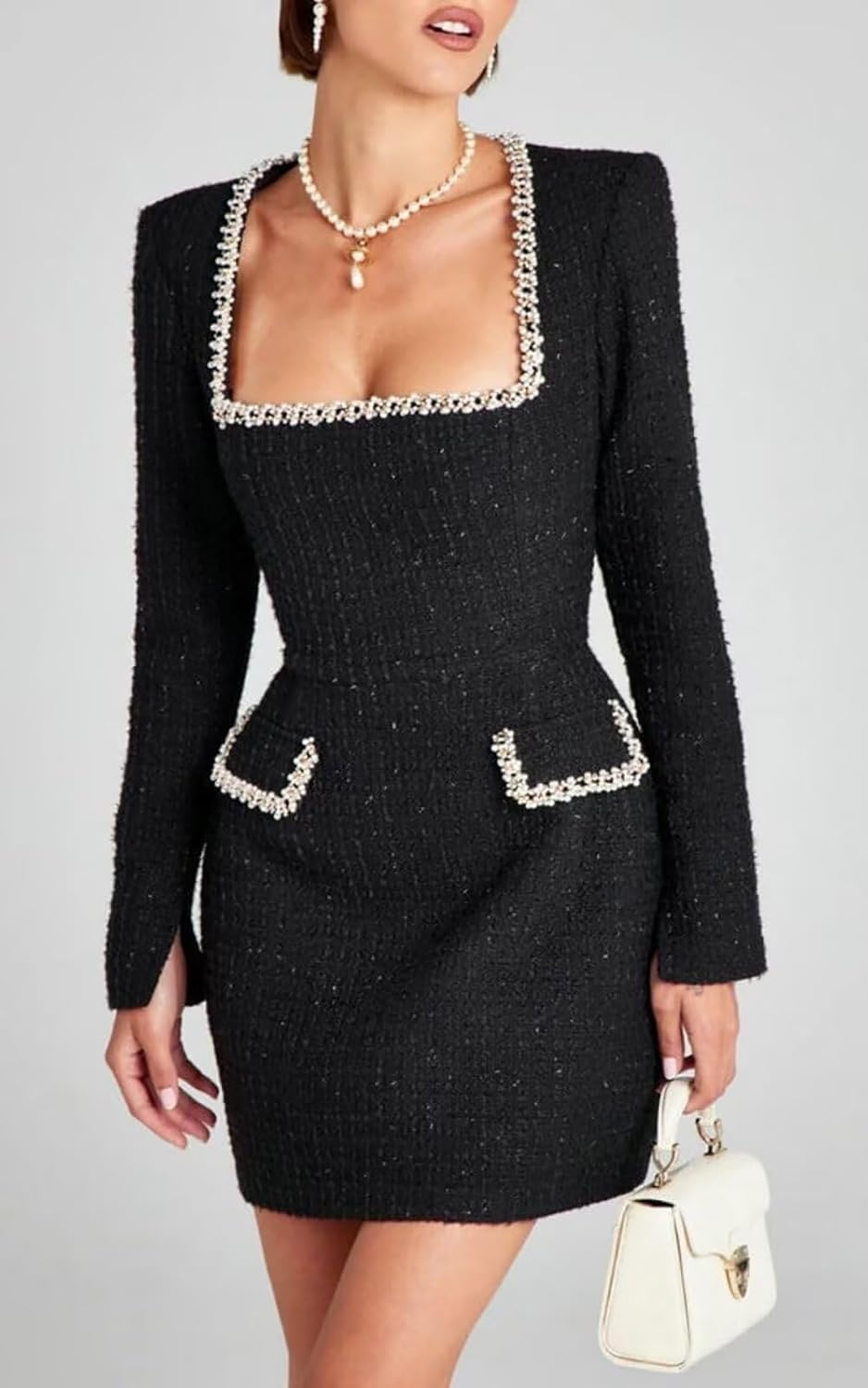 Women's Tweed Mini Dress Elegant Beaded Square Neck Long Sleeve High Waist A-Line Party Club Bodycon Short Dresses - Image 2