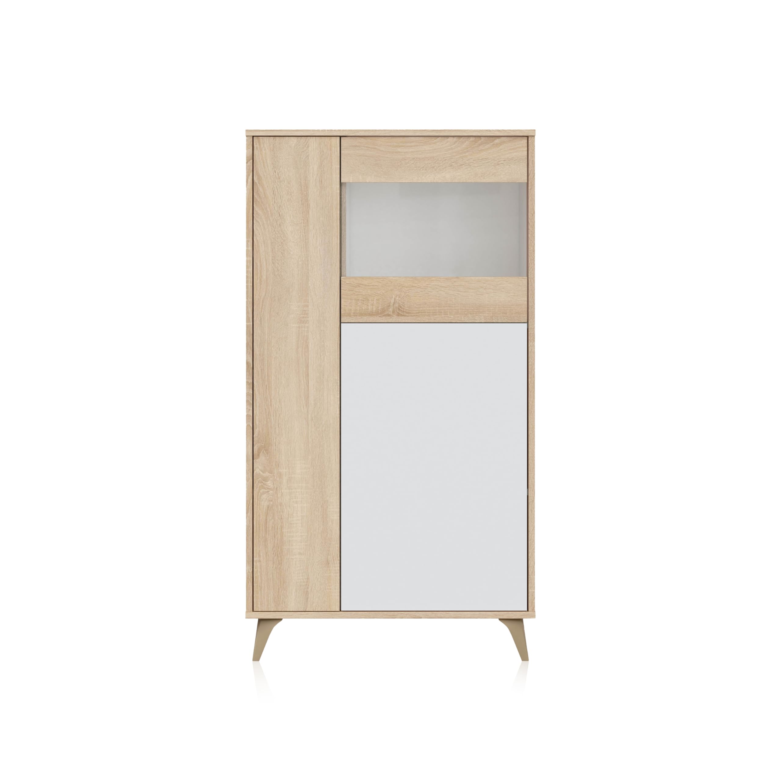 duehome | Vitrina con 3 Puertas, Bueffet para salón, Modelo Lira, Acabado en Blanco Artik y Roble Canadian, Medidas: 77 cm (Ancho) x 142 cm (Alto) x 33 cm (Fondo)