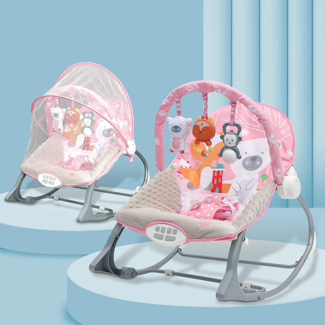 Infantso Baby Rocker & Bouncer for 0 to 2 Years, Portable Rocker for Newborn with Mosquito Net, Calming Vibrations, Soft Music & Hanging Toys (Pink)-image-13