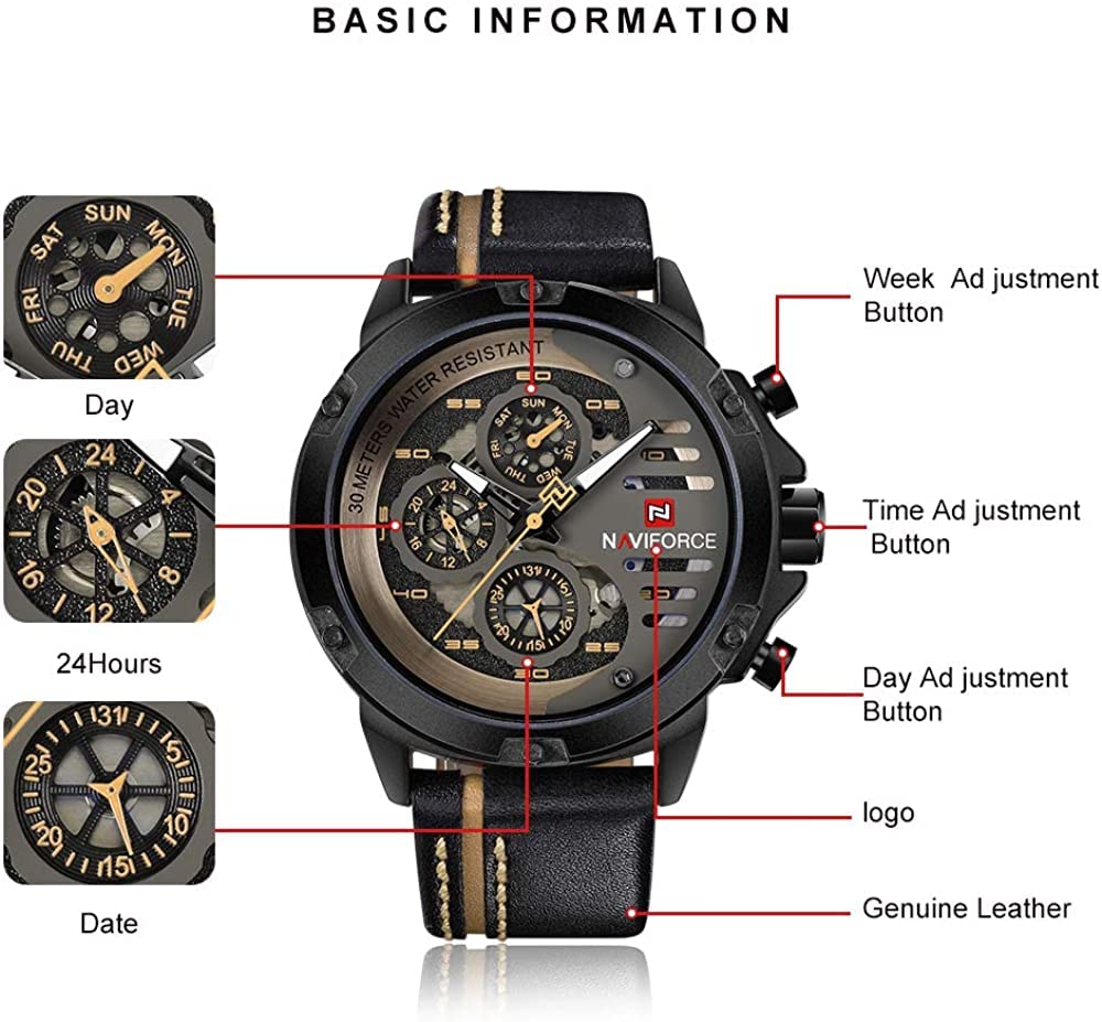 NAVIFORCE Orologio sportivo militare da uomo, impermeabile, analogico, al quarzo, cinturino in pelle, data, calendario, orologio da polso