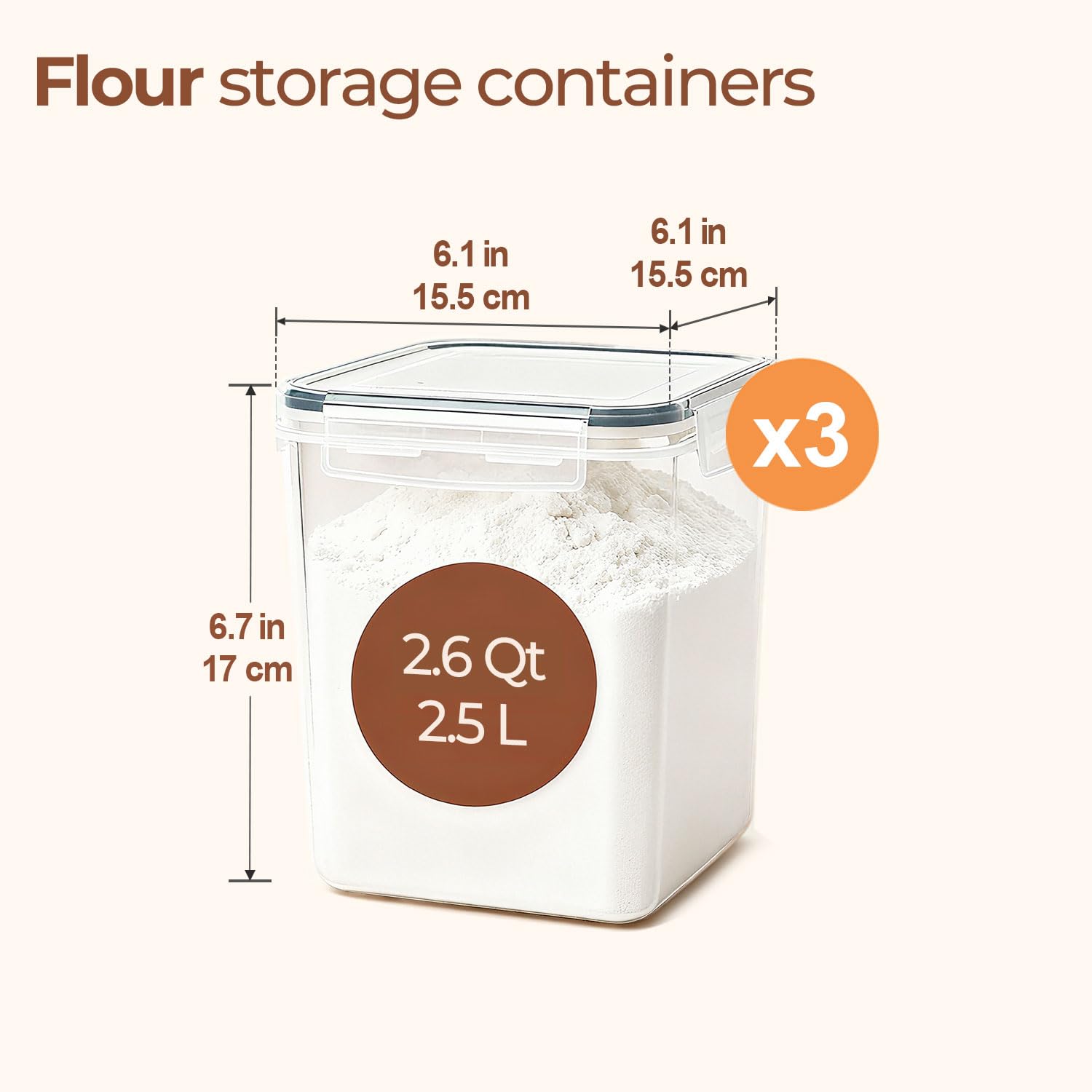 ComSaf Boîtes Hermétiques avec Couvercle Hermétique, Lot de 3 2.5L, Boîtes de Rangement Cuisine en Plastique Alimentaire, Conservation des Aliments pour Sel, Sucre, Café, Farine