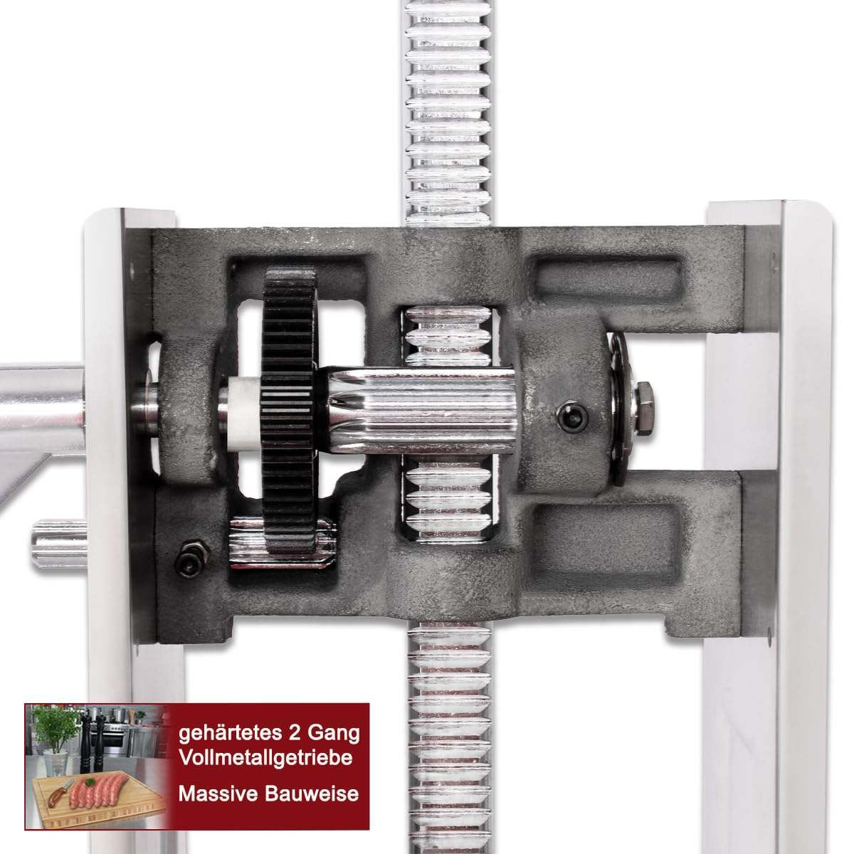 Beeketal 'BT03' Edelstahl Industrie Wurstfüllmaschine (3 L Volumen) SGS-geprüft, Profi Wurstfüller mit gehärtetem 2 Gang Vollmetall-Getriebe und 90° Aluguss Handkurbel, inkl. 5 Fülltüllen