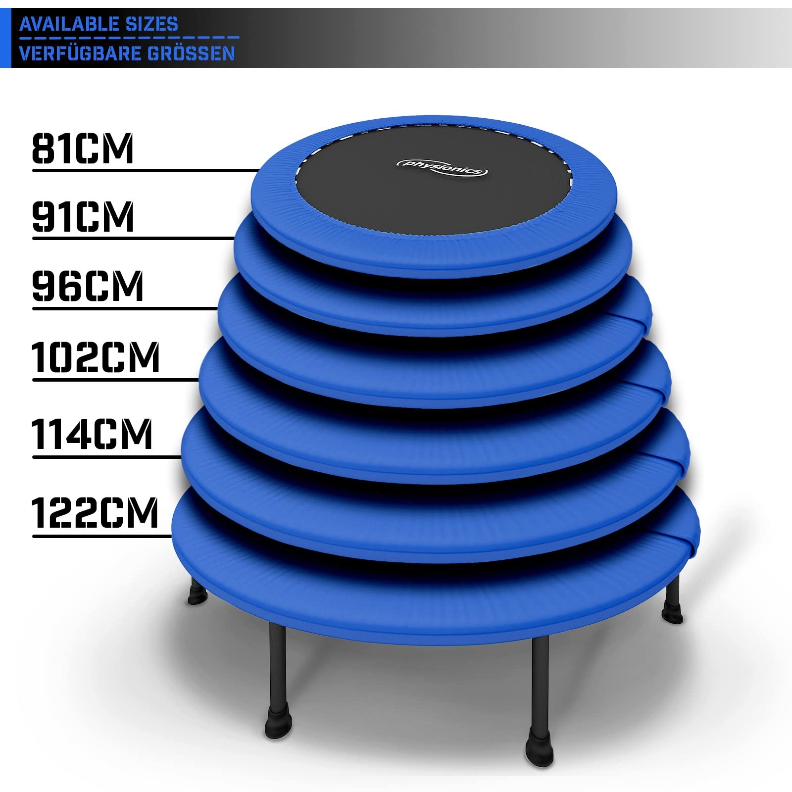 Physionics® Mini Trampolina Fitness - Średnica wyboru (Ø 81/91/96/102/114/122 cm), antypoślizgowe stopy, do użytku wewnątrz/na zewnątrz - trampolina gimnastyczna, trening, skok (114 cm)