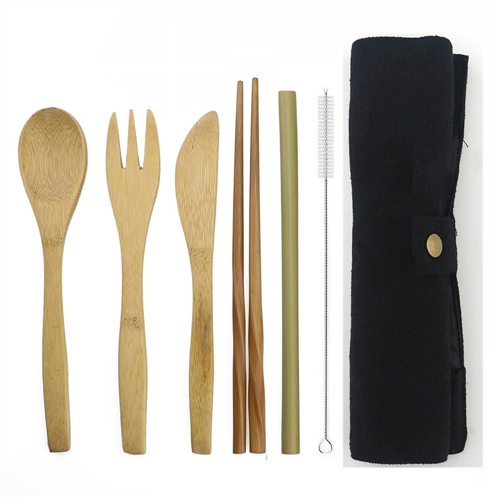 Ensemble de Couverts en Bois de fête 7 pièces avec Couteau, Fourchette, cuillère, Sac en Tissu de Paille de Bambou pour hôtel, Bar, Maison, fête exceptionnelle