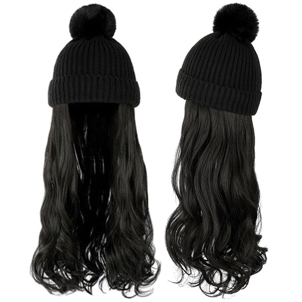 Perruque synthétique attachée sur bonnet tricoté chaud pour l'hiver