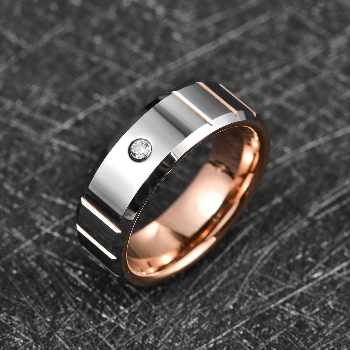 Anillo de Acero de carburo de tungsteno de 8 mm Cúpula Zricon Pulido Anillo de Ranura de Oro Rosa Horizontal para joyería de Boda para Hombres