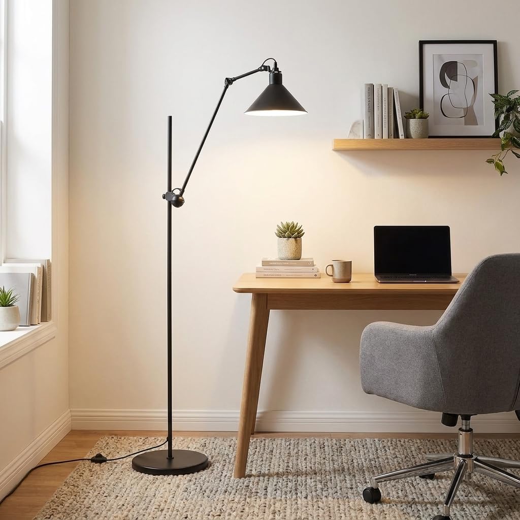 Barcelona LED Candeeiro de Pé Articulado RUBY 215 E27 Preto – Candeeiro Industrial de Chão 360° Ajustável, Base Estável 9 kg, Design Loft para Sala Escritório Estúdio (Lâmpada Não Incluída)