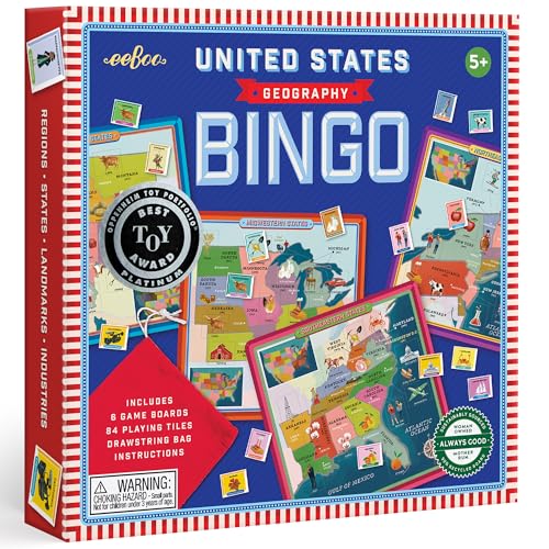 Image of eeBoo: USA Geography Bingo for Kids for Ages 5+, A Fun Kids Learning Game that Teaches About the USA and Improves Memory