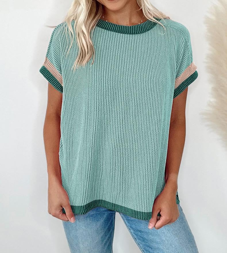 Womens Summer Tops Fashion Color Block Short Sleeve Crewneck Knit Tops Casual Cute Tunic Pullover Blouses - Image 3