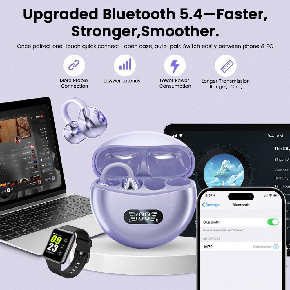 Clip on Earbuds,Open Ear Earbuds Wireless Bluetooth 5.4, Lightweight Open Ear Headphones with Mic 60H Battery,Waterproof, for Sports, Running, Small Ears & Glasses Wearers,Workouts - Image 7