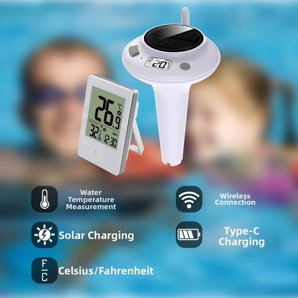 Termometro da piscina a energia solare, con display digitale, impermeabile IPX8, intervallo di temperatura da -40 °C a +70 °C, portata di 60 m, per piscina e esterni