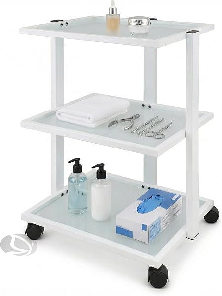 Carrello Estetista con Ruote - Mobiletto con Ruote, Multiuso in Acciaio Inox e 3 Ripiani in Vetro Traslucido - Carrello Portaoggetti per Estetica, Ceretta, Tattoo e Medico - Elegante e Solido | 24 Kg - 1