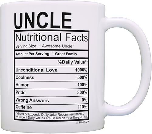 Nuevo tío regalo para tío, etiqueta de datos nutricionales, regalos divertidos para tío 11 onzas, taza de café de cerámica blanca