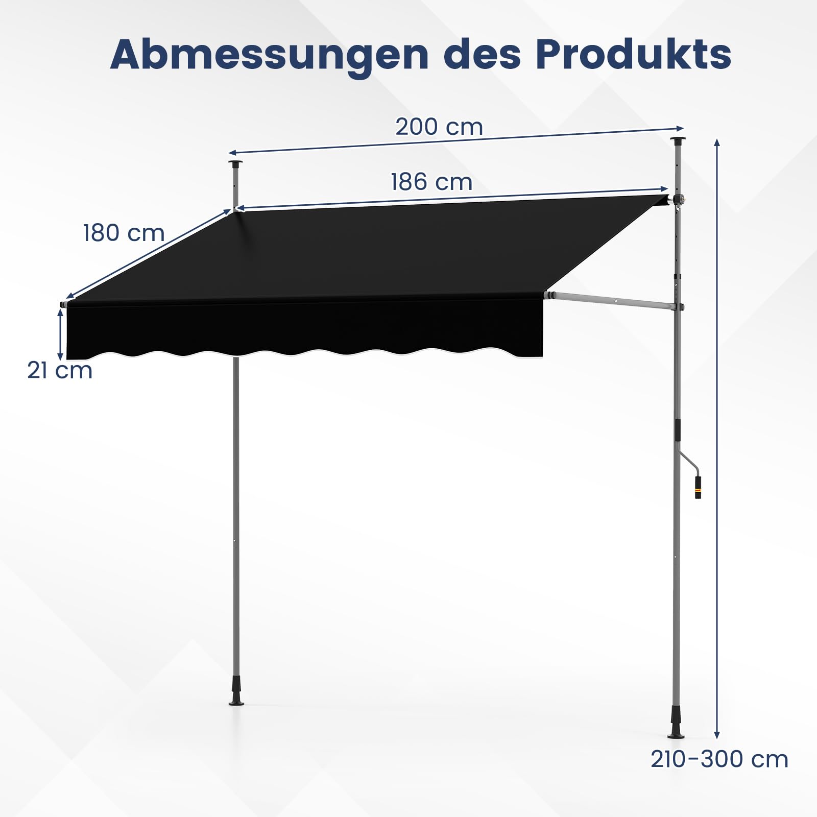 COSTWAY Klemmmarkise, Balkonmarkise ohne Bohren mit Handkurbel, Höhenverstellbar & UV-beständig, Markise Sonnenschutz für Terrasse, Balkon, Garten (200 cm,Schwarz)