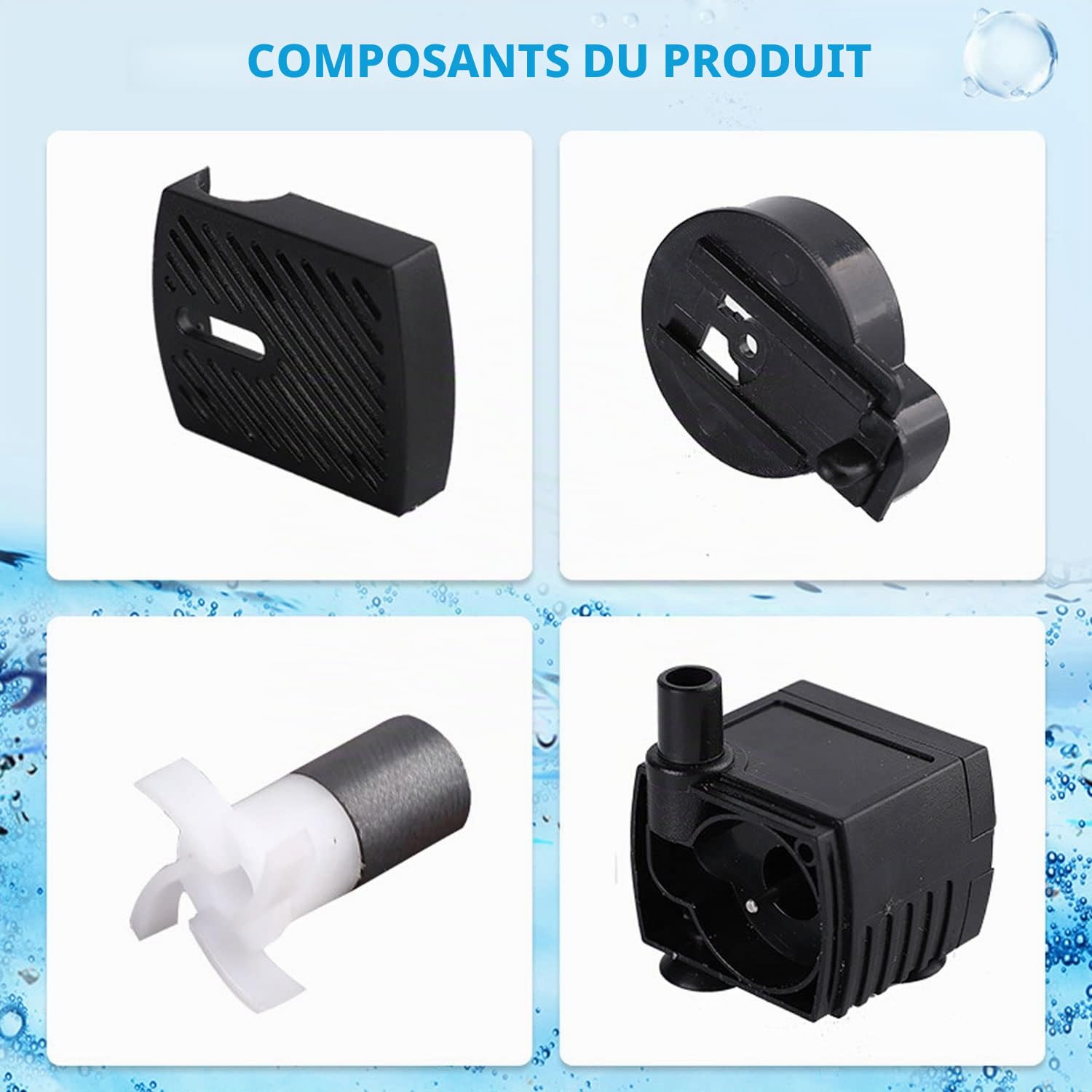 CAM2 Mini pompe à eau, ultra silencieuse pour aquarium avec câble d'alimentation de 1,5 m, 350 L/H, 5 W, petite pompe submersible, pompe à fontaine, 2 buses pour aquarium, étang, jardin, fontaine