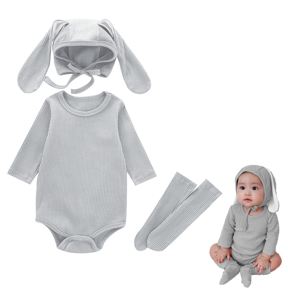 XIFAMNIY Baby Easter Bunny Outfit Romper Bodysuit with 3D Rabbit Ear Hat for Baby Newborn Infant