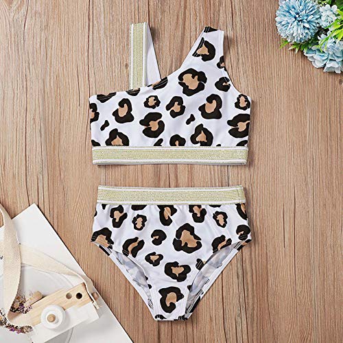TTAO Baby Girls 2pcs Swimwear One Shoulder Vest Crop Top Bottom Panties Bikini Set Bathing Suit White Leopard Print 2-3