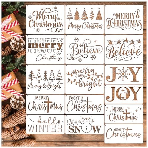16pcs Merry Christmas Stencils for Card Making Reusable Drawing Believe Christmas Stencils for Painting on Wood Signs, Crafts, Wall Decorations