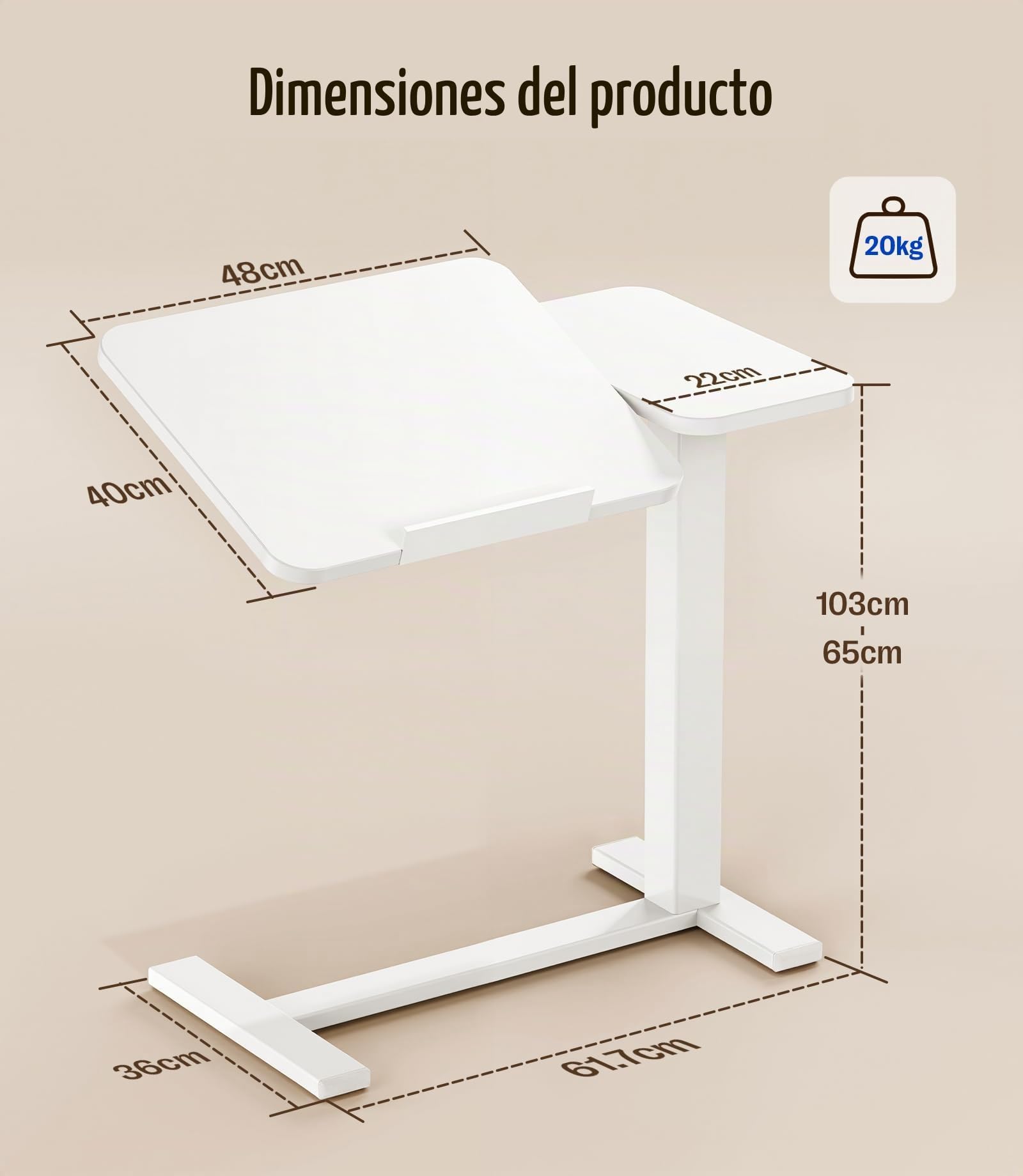 MAIDeSITe Fit Dual Mesa Auxiliar con Ruedas para Ordenador, C Forma Altura Ajustable Mesa de Cama, 70x40cm Pequeña Mesa Elevadora Rodante con Superficie Dividida y Ruedas para Salón Dormitorio