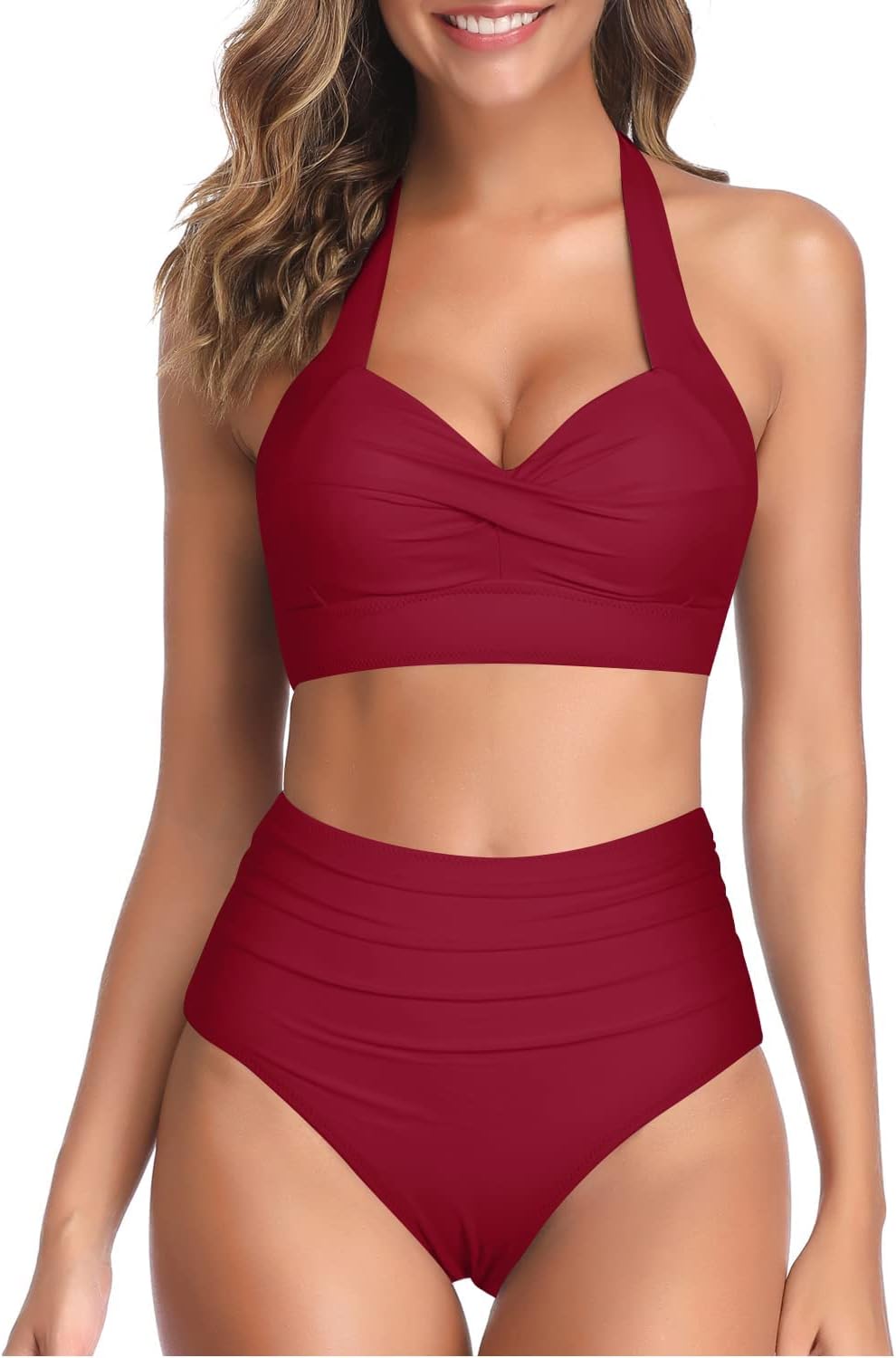 Women Two Piece Vintage Swimsuit,Retro Halter Ruched High Waist Bikini Set,Women Sexy Cutout Two Piece Swimsuits