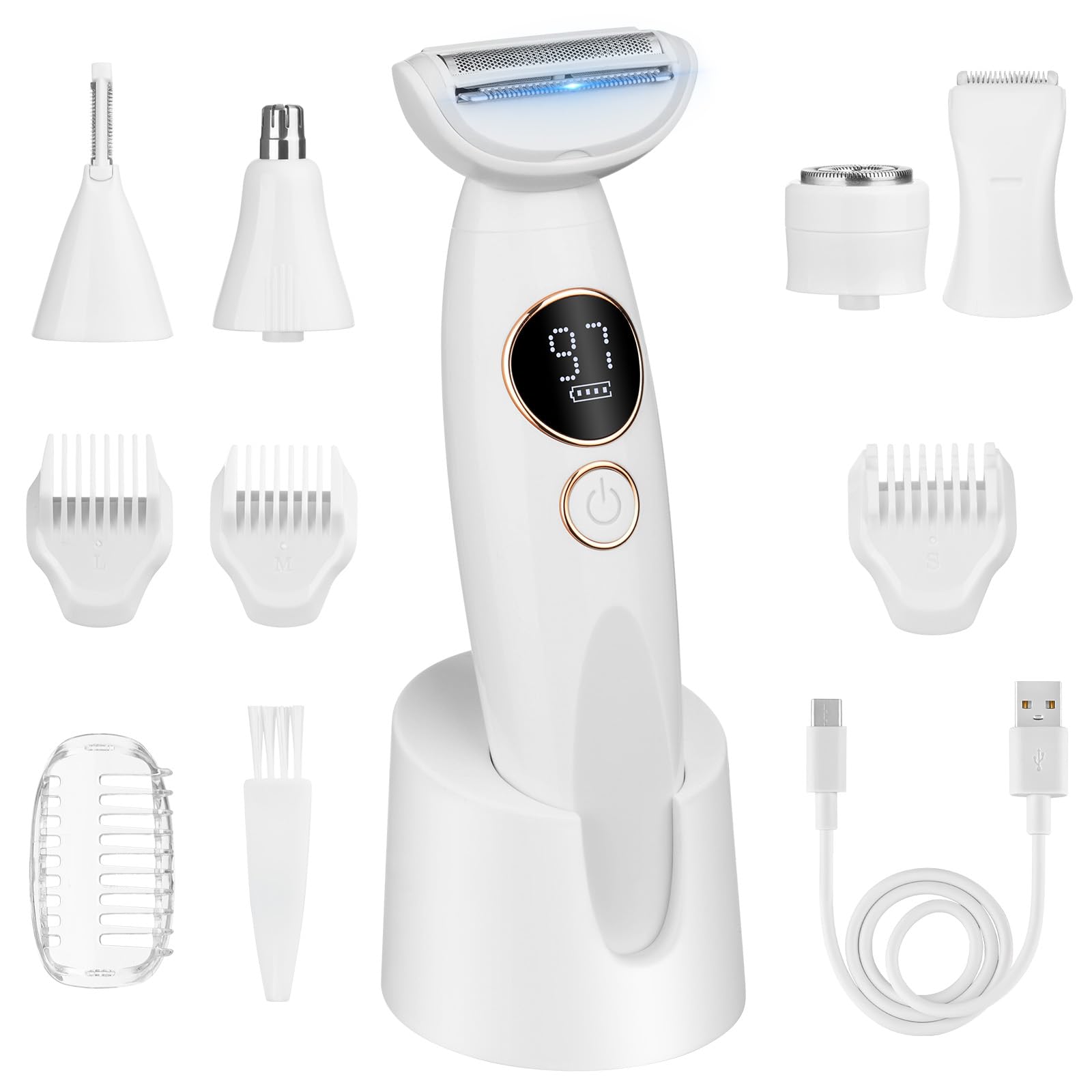 LOPHE Rasuradora Mujer, Maquinilla de Afeitar Eléctrica 5 en 1 para Mujer Con Base Blanca, Afeitadora Eléctrica Con 4 Cabezales De Repuesto Recargable Adecuado para Mujeres