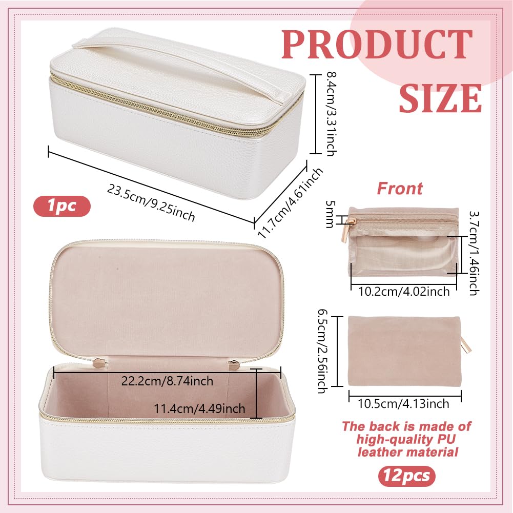FINGERINSPIRE Schmuckschatulle Mit Taschen Set 23.5x11.7x8.4cm Weiß Reise Schmuck Organizer Mit 12 Samtbeuteln Aufbewahrungskoffer Aus PU Leder Mit Griff Zum Schutz von Halsketten Ringen Ohrringen