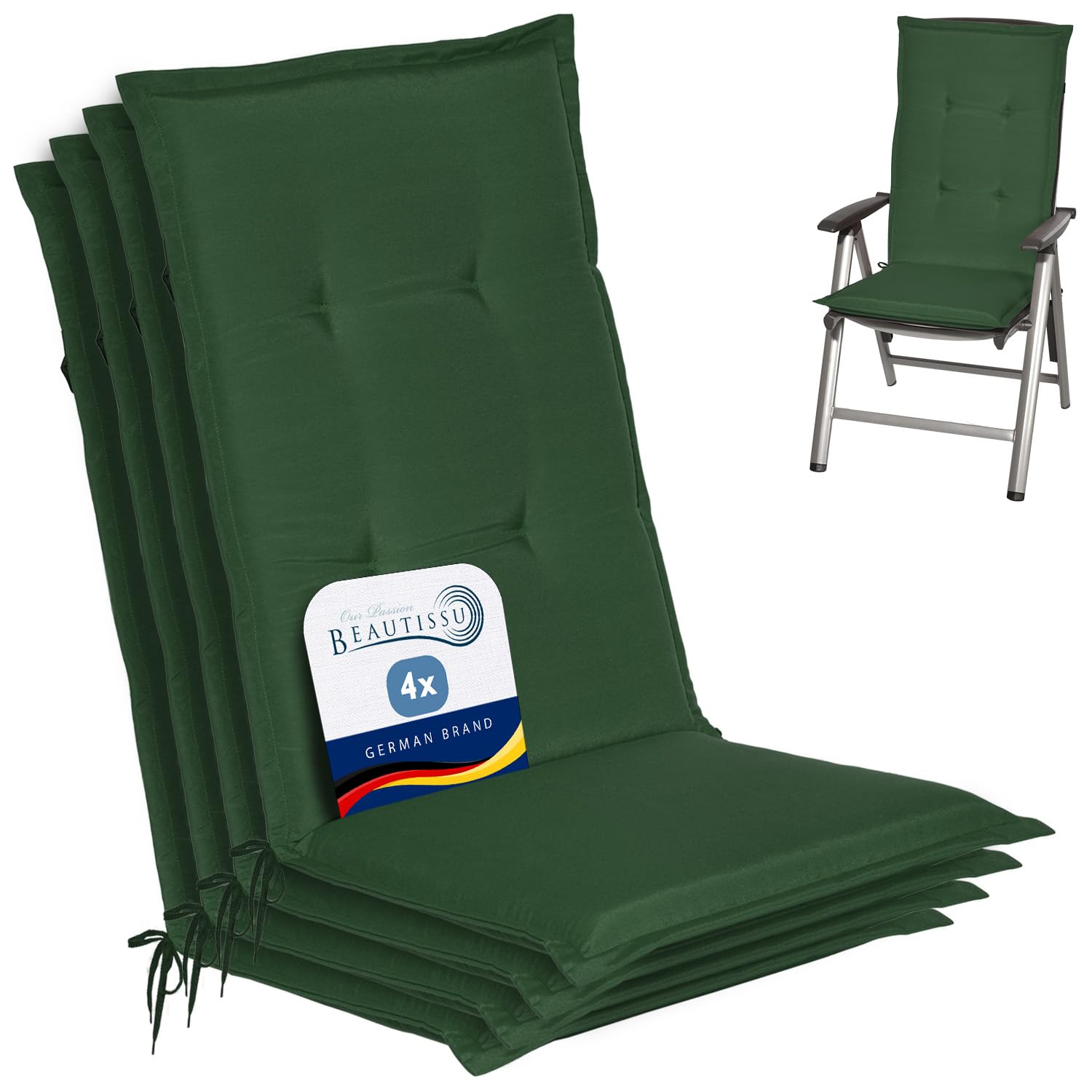 Beautissu Highback Outdoor Chair Cushions 120x50x6 cm Loft HL - Set of 4 Seat Cushions for Garden Chairs with Backs Recliner Patio Chair Sunbed Bench - Dark Green — image 1