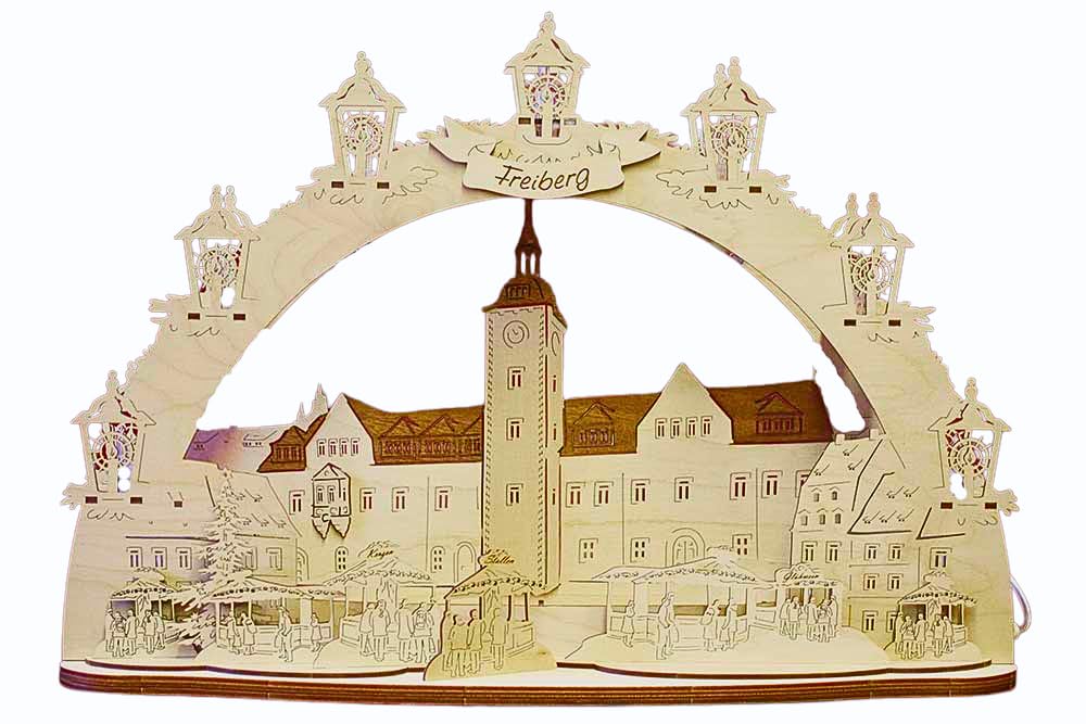 3D LED Schwibbogen Freiberg Rathaus - Holzkunst aus Sachsen - mit Netzkabel | Lichterbogen Weihnachten
