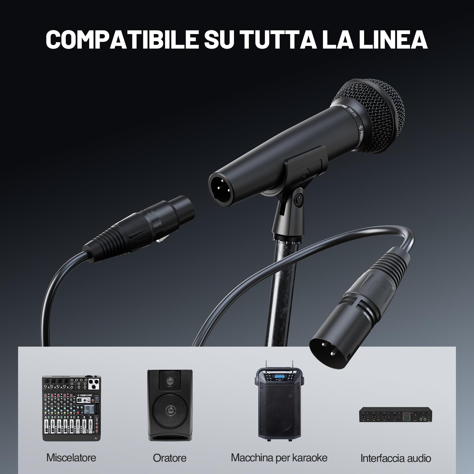 Phenyx Pro Microfono Vocale Dinamico Cardioide XLR PM-25 | Capsula cardioide, Microfono palmare dinamico, Cavo XLR 5 m, Clip microfono, Borsa trasporto, Canto, Palco, Studio, Karaoke