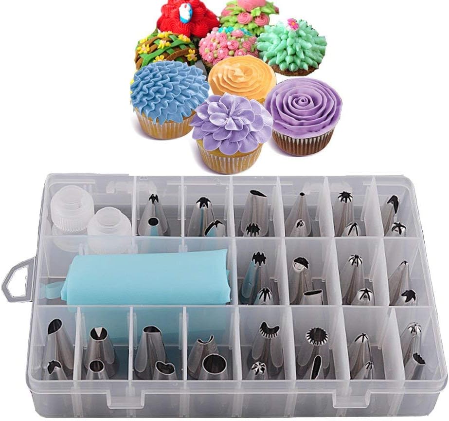 Jatidne 24 Pieces Piping Bags and Nozzles Cake Decorating Kit Icing Bags and Nozzles Stainless Steel Flower Piping Nozzle Set