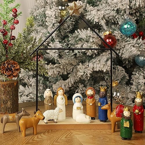Juegoal Conjuntos de presépio de Natal, conjunto de 13 mini estatuetas de resina de presépio, enfeit