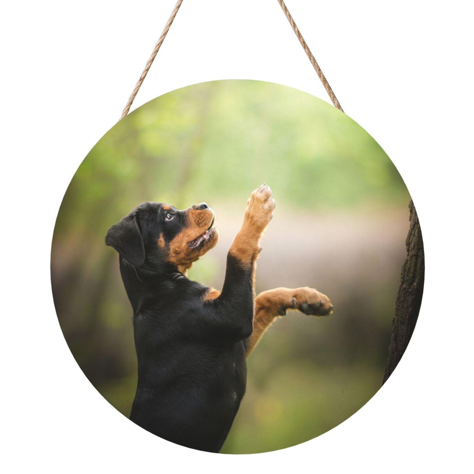 InOmak Rottweiler Pets Puppy Dogs Bokeh, Round Wood Panel Painting 12 in, Wall Hanging Painting For Home