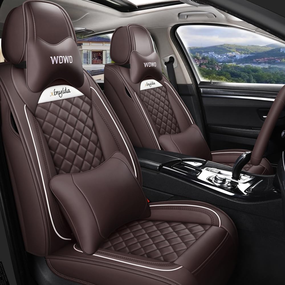 Awotzon Car Seat Cover Universal Fit For Most Cars, SUV, Sedans and Pick-up Trucks, 5 Seats All Weather Use Vehicle Leather Seat Cover, Deluxe MH88 Coffee