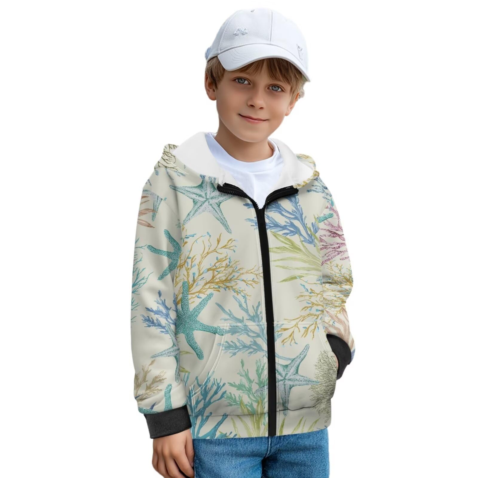 Retro koral rozgwiazda nadruk dzieci bluzy z kapturem z długim rękawem bluza kurtki z podszewką z polaru jesienne ubrania zimowe bluzy top dla chłopców dziewcząt, S