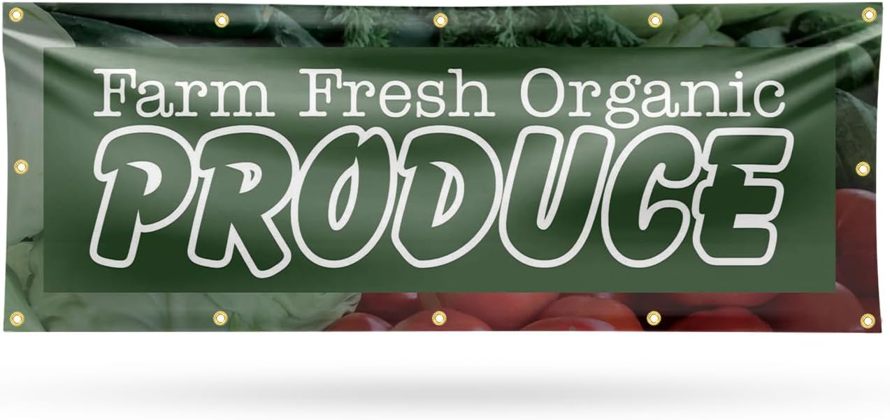 Farm Fresh Organic Produce Banner Sign 48 Inch x 96 Inch | 13 oz Vinyl with Metal Grommets | Heavy-Duty Single-Sided Outdoor Durable Printed High-Quality Weatherproof | Made in the USA
