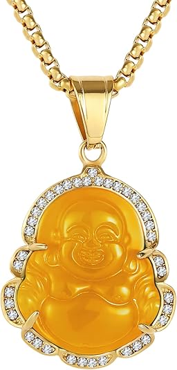 P.BLAKE Laughing Buddha Buddah Necklaces For Women Men, Ice Out Buddha Pendant For Men Women with Stainless Steel Gold Chain 24 inches