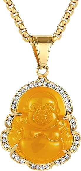 P.BLAKE Laughing Buddha Buddah Necklaces For Women Men, Ice Out Buddha Pendant For Men Women with Stainless Steel Gold Chain 24 inches
