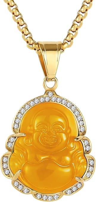 P.BLAKE Laughing Buddha Buddah Necklaces For Women Men, Ice Out Buddha Pendant For Men Women with Stainless Steel Gold Chain 24 inches