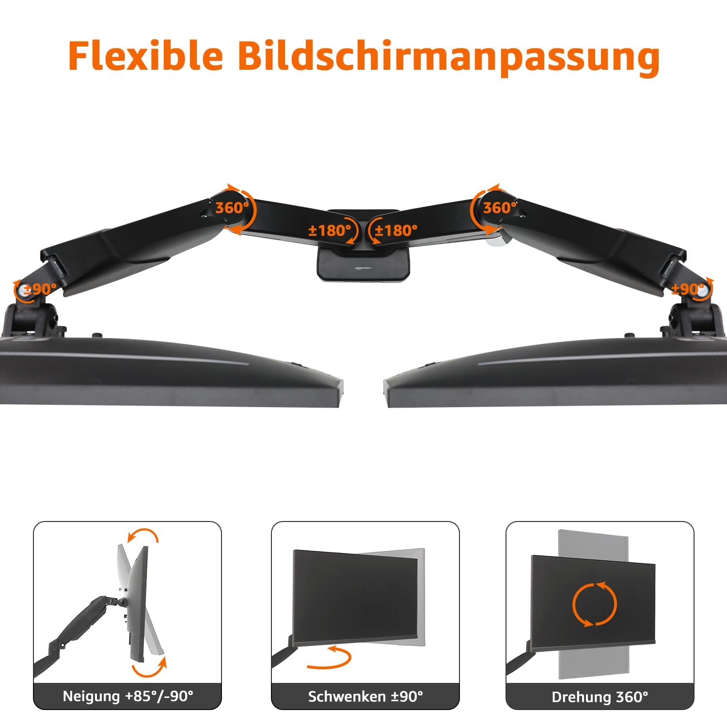 Amazon Basics Dual-Monitorarm mit Gasdruckfeder, Schreibtischmontage, Einstellbare Spannung, für 15–27 Zoll (38,1cm–68,6cm) Monitore, Trägt 2,0kg–7,0 kg pro Arm, VESA 75x75/100x100, Schwarz