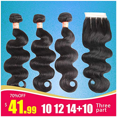 Levergreen Hair Brazilian Virgin Body Wave Hair 3 Bundles with Closure 8A 100% Unprocessed Brazilian Body Wave Human Hair Weft with Lace Closure Brazilian Body Wave (10 12 14 with 10 Three Part)