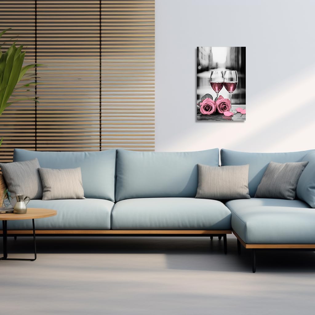 CGXLB Rose Pink Wine Canvas Wall Art Kitchen Artwork Black and Pink Rose Floral Wine Glass Picture Prints for Dining Room Restaurant Home Decor (Pink16.00" x 24.00")