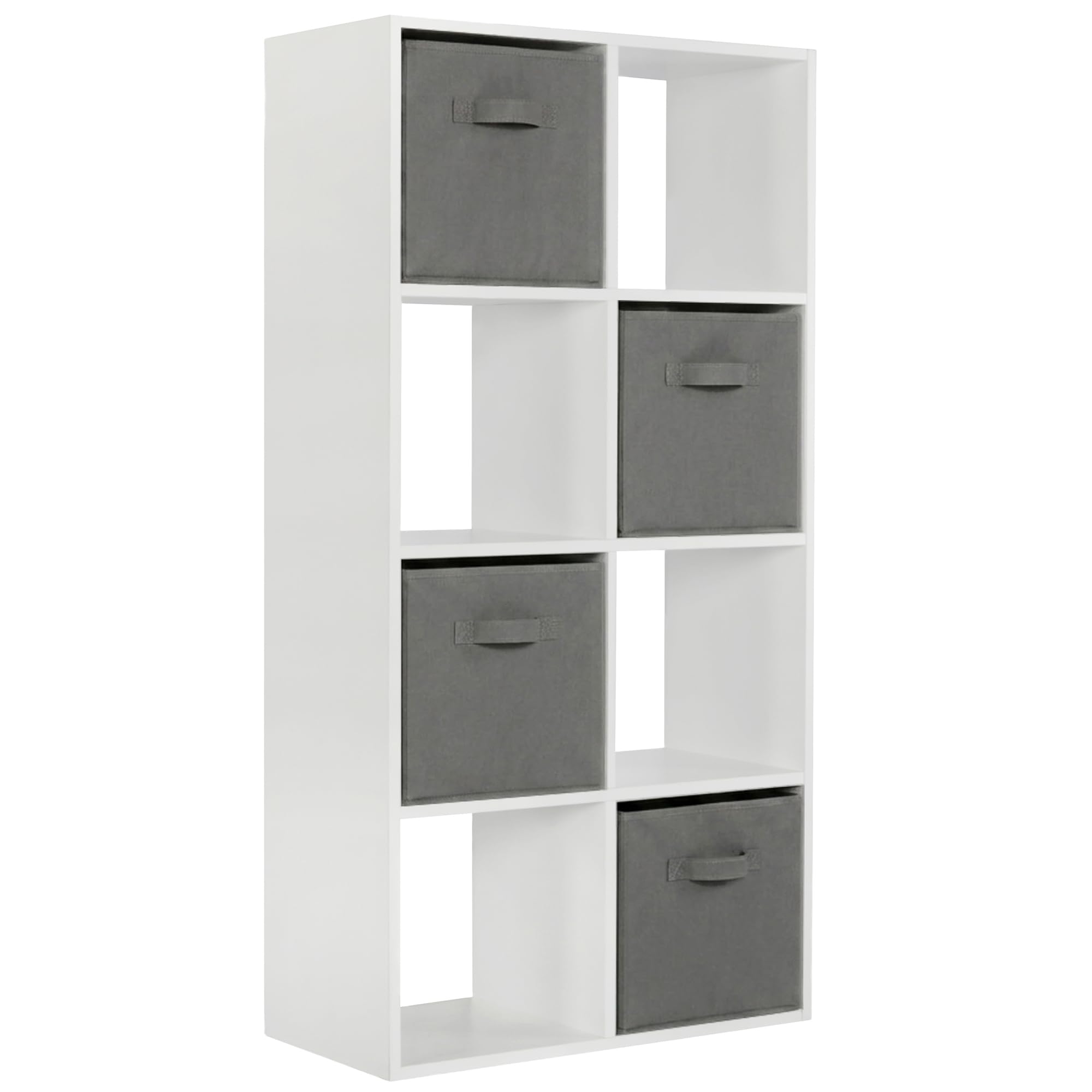 Charles Jacobs Modern White 8 Cube Storage Shelving Unit + 4 Grey Fabric Drawers