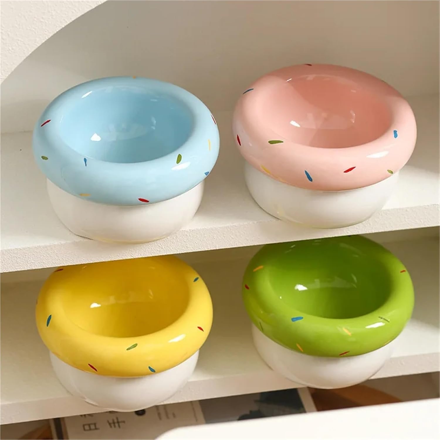 Donut Ceramic Pet Bowl, Wide Mouth Non-Slip Heavy Base Anti-Tip Food & Water Dish for Cats & Dogs(Donut Pink)