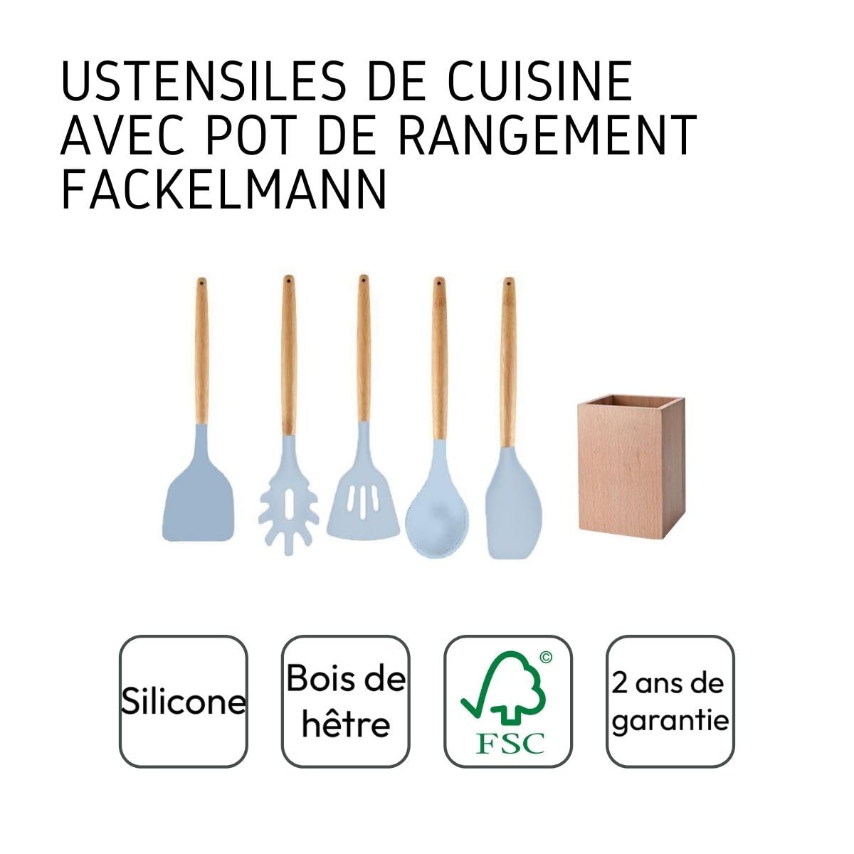 Fackelmann 30178 - Set di 5 utensili da cucina, set di cucchiai e spatole da cucina e supporto in legno, silicone, legno FSC, 32 cm