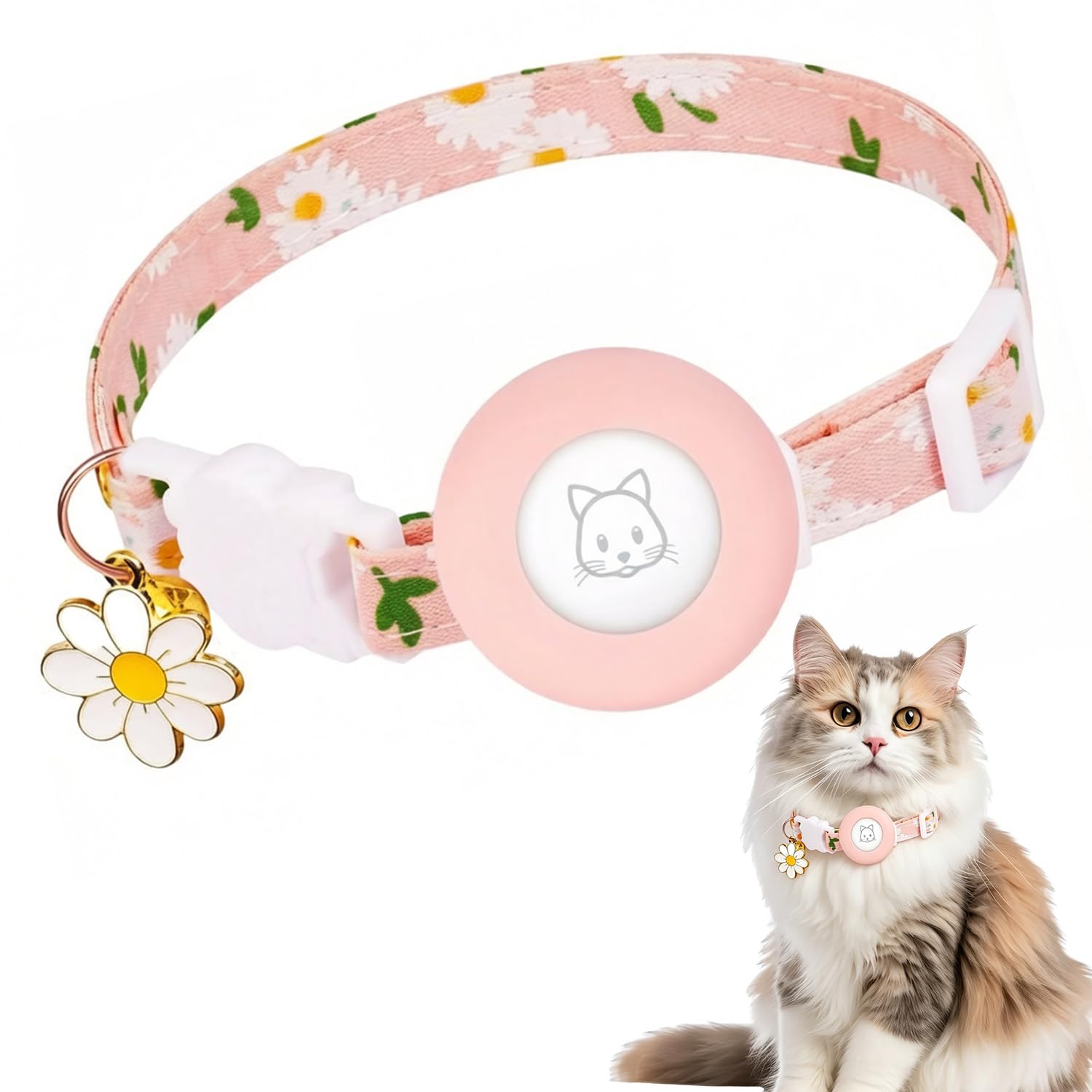 for airtag cat collar with bell, pink floral adjustable neck belt with silicone smart tracker holder, daisy charm, breakaway buckle, lightweight kitten puppy collar, tracker not included (a)